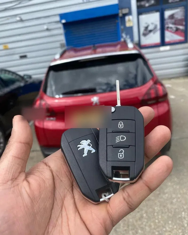 Peugeot key fobs held in front of the car after a fob repair and coding